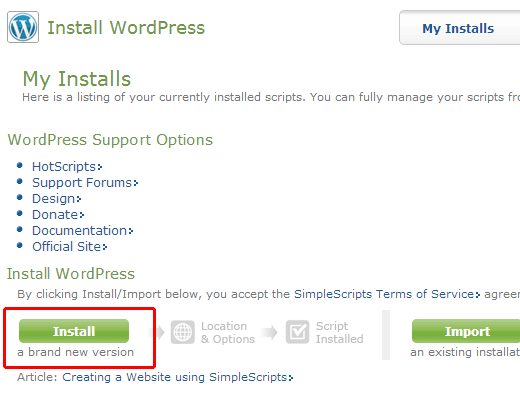 SimpleScripts WordPress Installs