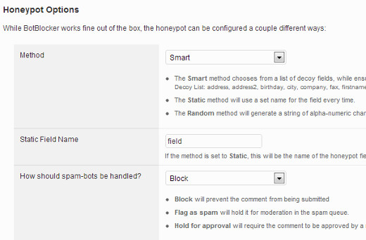WordPress Honeypot BotBlocker Options