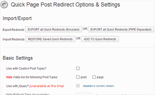 Quick redirect options page