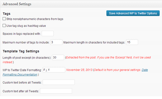 Advance settings for WP to Twitter