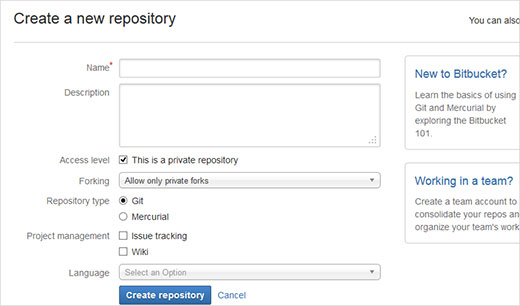 Creating a new repository in BitBucket Creating a new repository in BitBucket