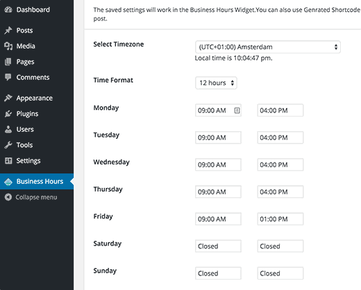 Business Hours settings page