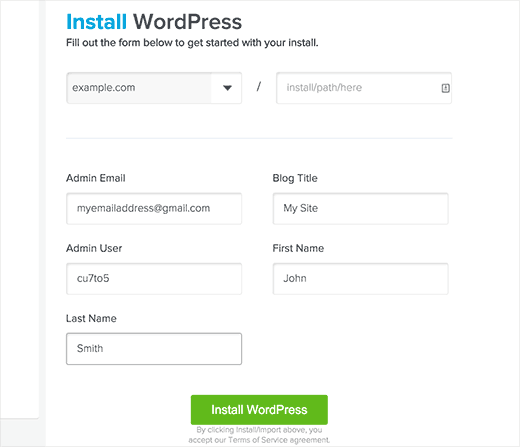 Configuración de instalación de WordPress en QuickInstall