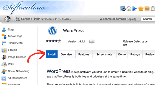 Click on the install tab to continue installing WordPress using Softaculous Click on the install tab to continue installing WordPress using Softaculous