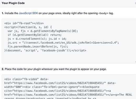 Facebook video embed code for WordPress sites