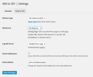 Setup notification and redirect settings with 404 to 301 plugin for WordPress Setup notification and redirect settings with 404 to 301 plugin for WordPress