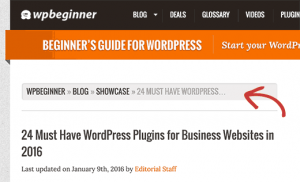 Breadcrumbs displayed on WPBeginner website Breadcrumbs displayed on WPBeginner website