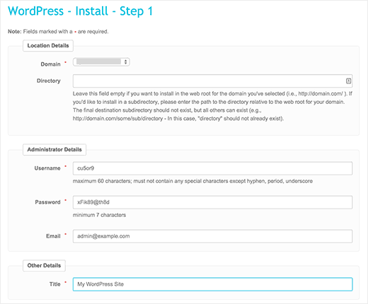 Fantastico WordPress installation settings Fantastico WordPress installation settings