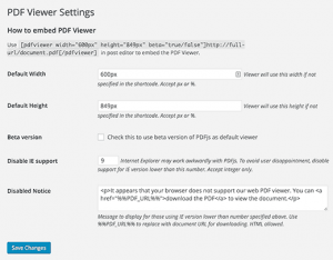 Settings page for PDF Viewer plugin Settings page for PDF Viewer plugin