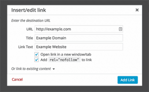 Title and nofollow options in insert link popup Title and nofollow options in insert link popup