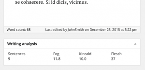 Readability analysis showing Fog, Kincaid, and Flesch reading scores Readability analysis showing Fog, Kincaid, and Flesch reading scores