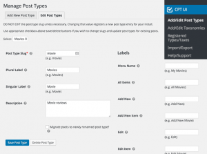 Editing post types with CPT UI plugin Editing post types with CPT UI plugin