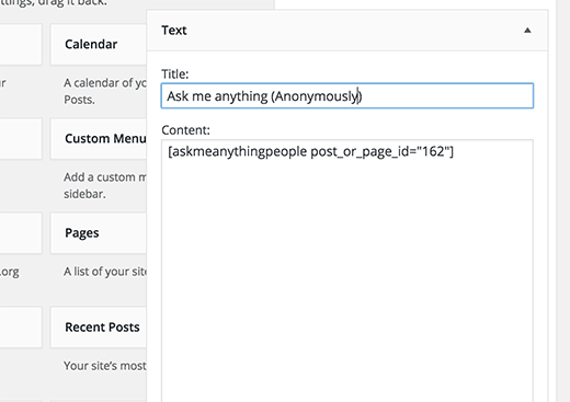 Ask me anything shortcode in a text widget