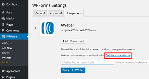 AWeber integration under WPForms settings