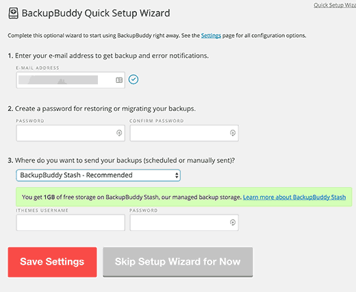 quick setup wizard in BackupBuddy quick setup wizard in BackupBuddy