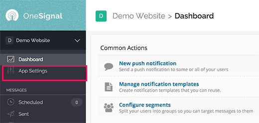 App Settings link App Settings link