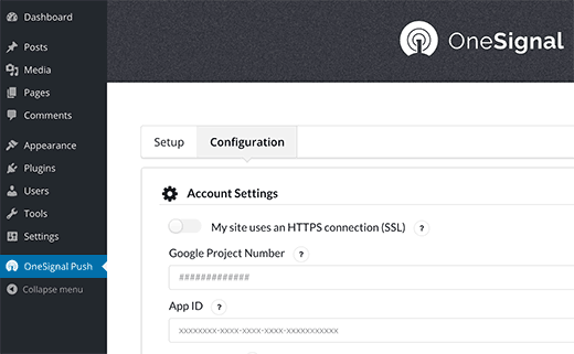 OneSignal WordPress plugin settings OneSignal WordPress plugin settings