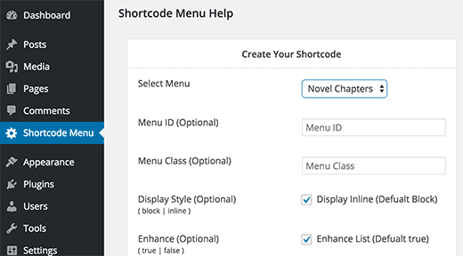 Shortcode Menu settings page Shortcode Menu settings page