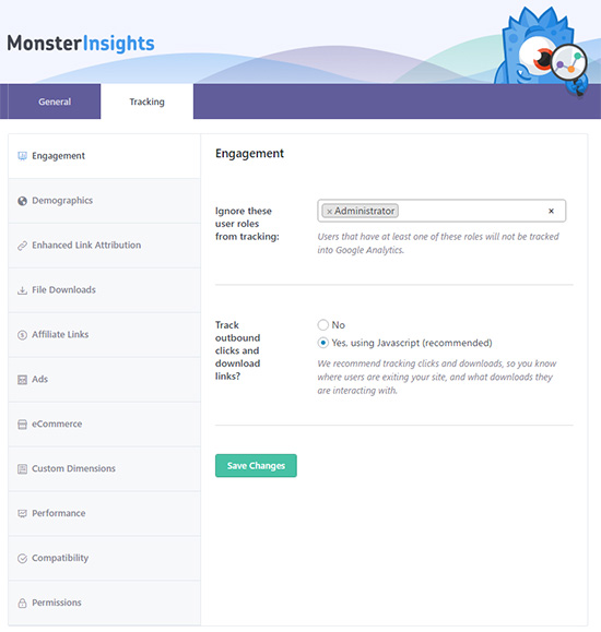 MonsterInsights tracking settings
