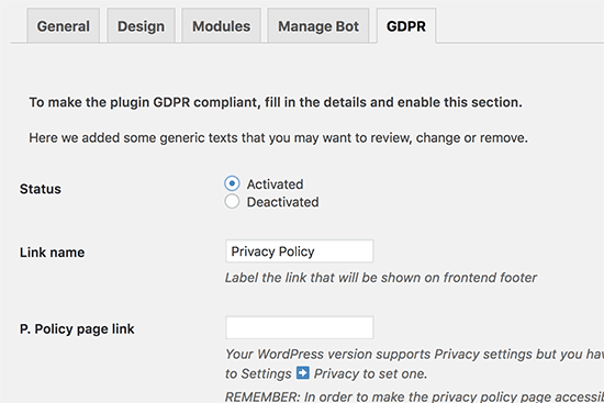 GDPR settings