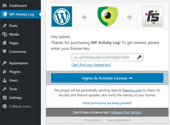 enter your license key to start using WP Activity Log plugin