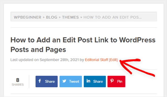 пример ссылки на редактирование записи на передней панели записи блога WordPress