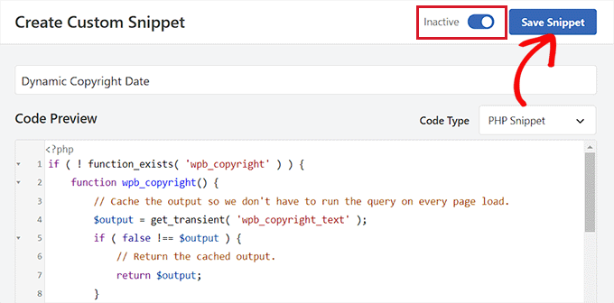 Save the code snippet for adding dynamic copyright date
