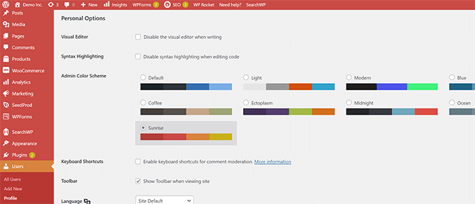 Выберите цветовую схему для области администратора WordPress