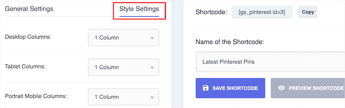 Pinterest shortcode style settings