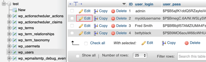 Edit the Desired Username in the wp_users Table