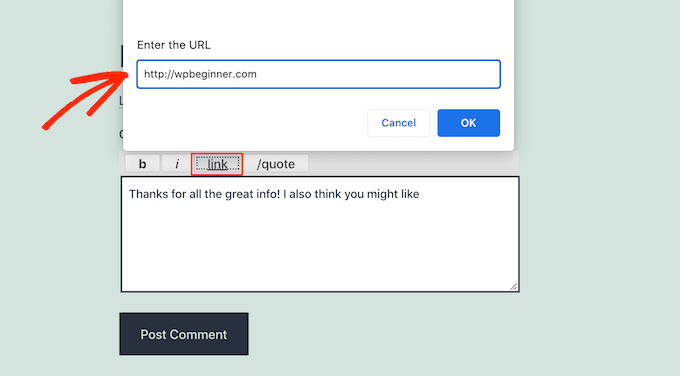 A quicktag link in the WordPress comments form