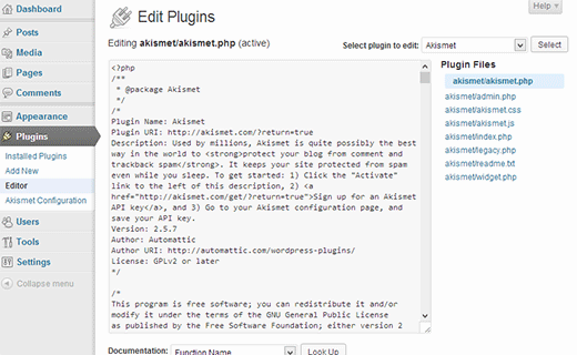 Plugin editor in WordPress