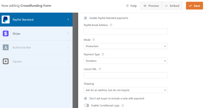 More payment settings in WPForms