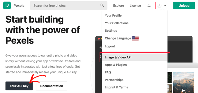 Kullanıcı Menüsünden 'Görseller ve Video API'sını seçin ve ardından' API Anahtarınız' Düğmesine tıklayın