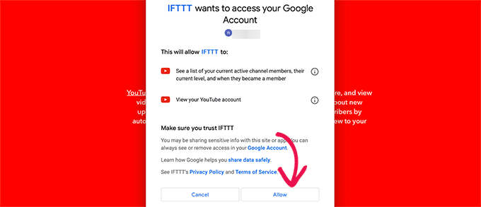 Разрешите IFTTT доступ к аккаунту YouTube