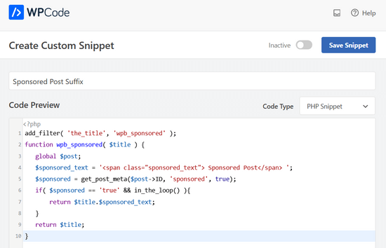 Add Custom Code Snippet for Sponsored Post Suffix in WPCode