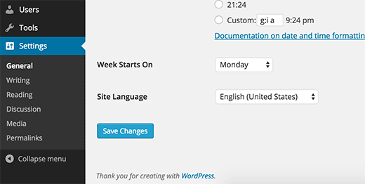 Installing and changing language in WordPress settings