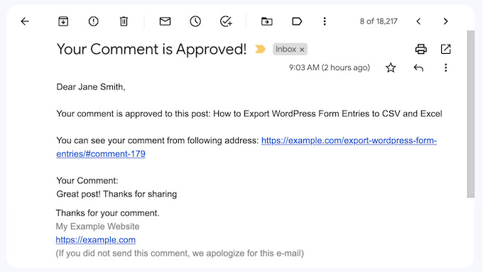 A comment approval notification email