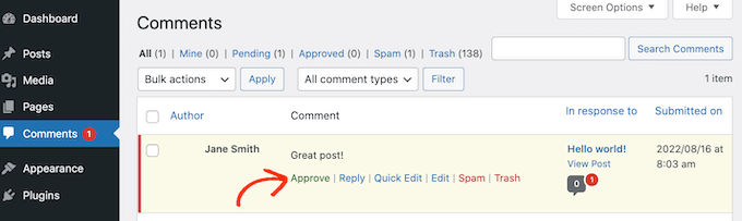Approving comments in the WordPress admin area