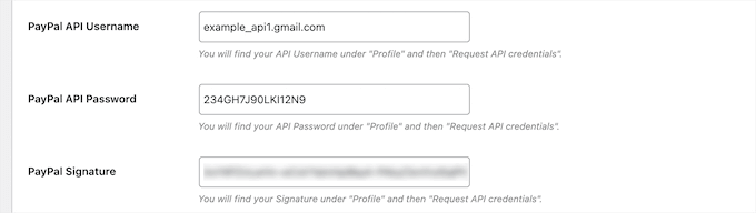 Payment gateway API keys example