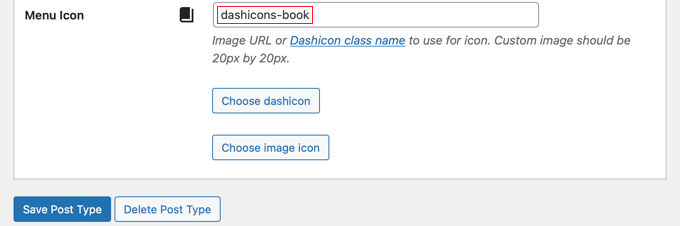 Нажмите кнопку Choose Dashicon