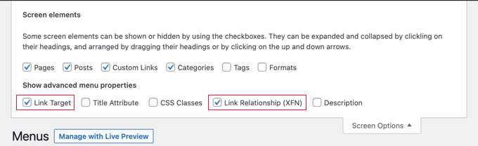 Check Link Relationships and Link Target in Screen Options