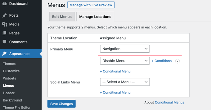 Select Disable Menu from the drop-down menu