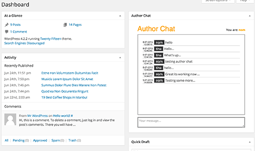 Author chat widget on WordPress dashboard