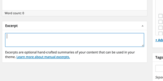 Excerpt meta box where you can add a custom excerpt for your WordPress post
