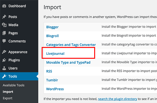 LiveJournal Import tool in WordPress
