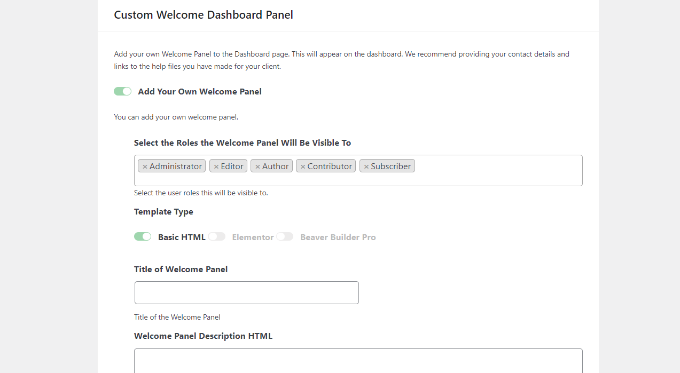 Customized welcome dashboard panel settings