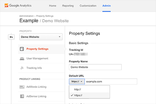 Changing default URL in Google Analytics