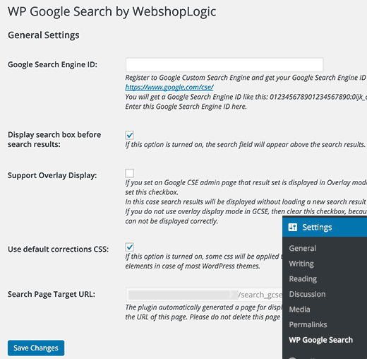 Page de paramètres pour WP Google Search