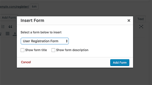 Select and add user registration form to a page in WordPress
